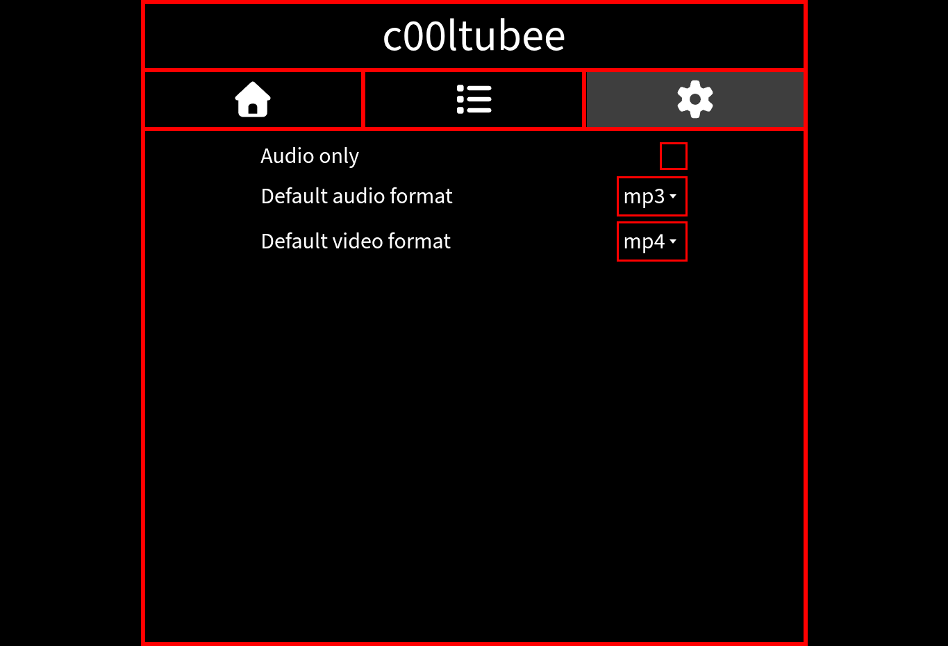 Settings page for c00ltubee